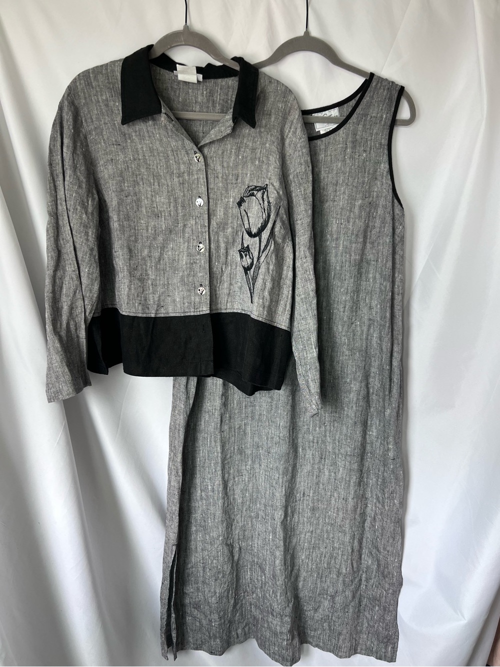 Women’s Vintage STUDIO EASE 100% Linen Grey Maxi Dress/Blouse Set